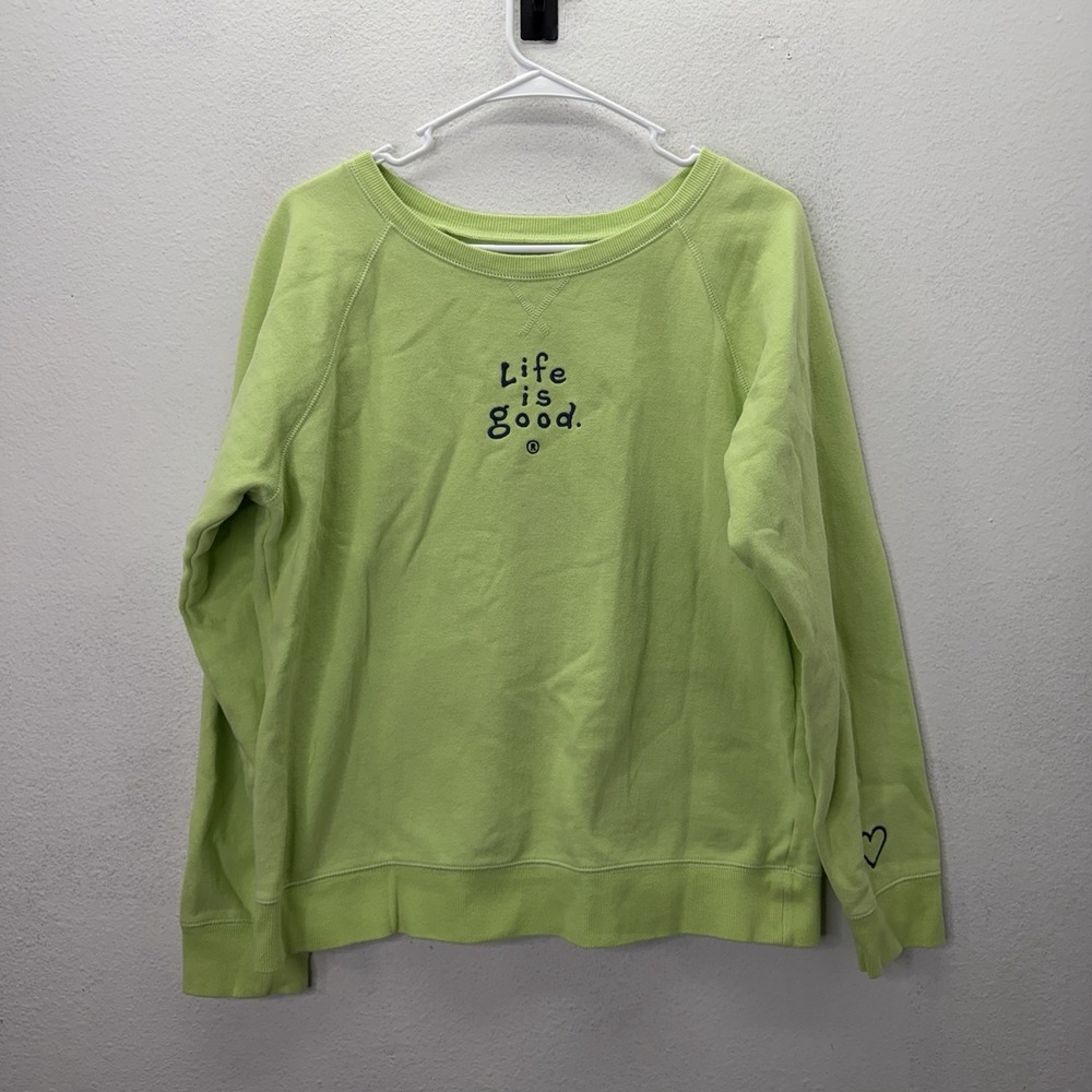 Life is Good SweatShirt Neon Green Scoop Neck Lounge Womens L Fleece Cozy Logo